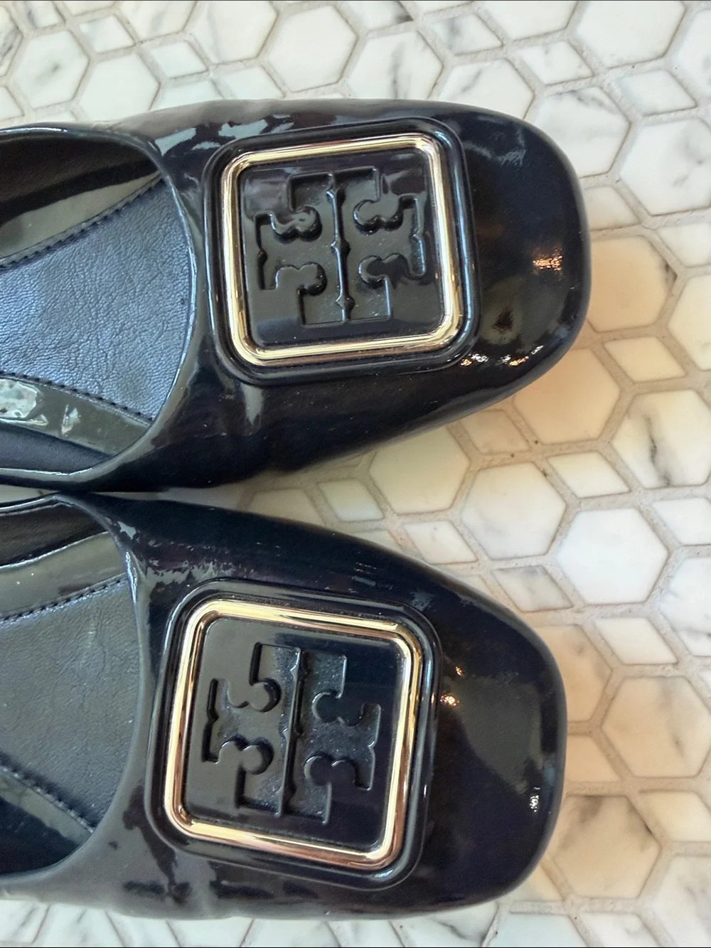 Tory Burch Navy Patent Logo Square-Toe Flats